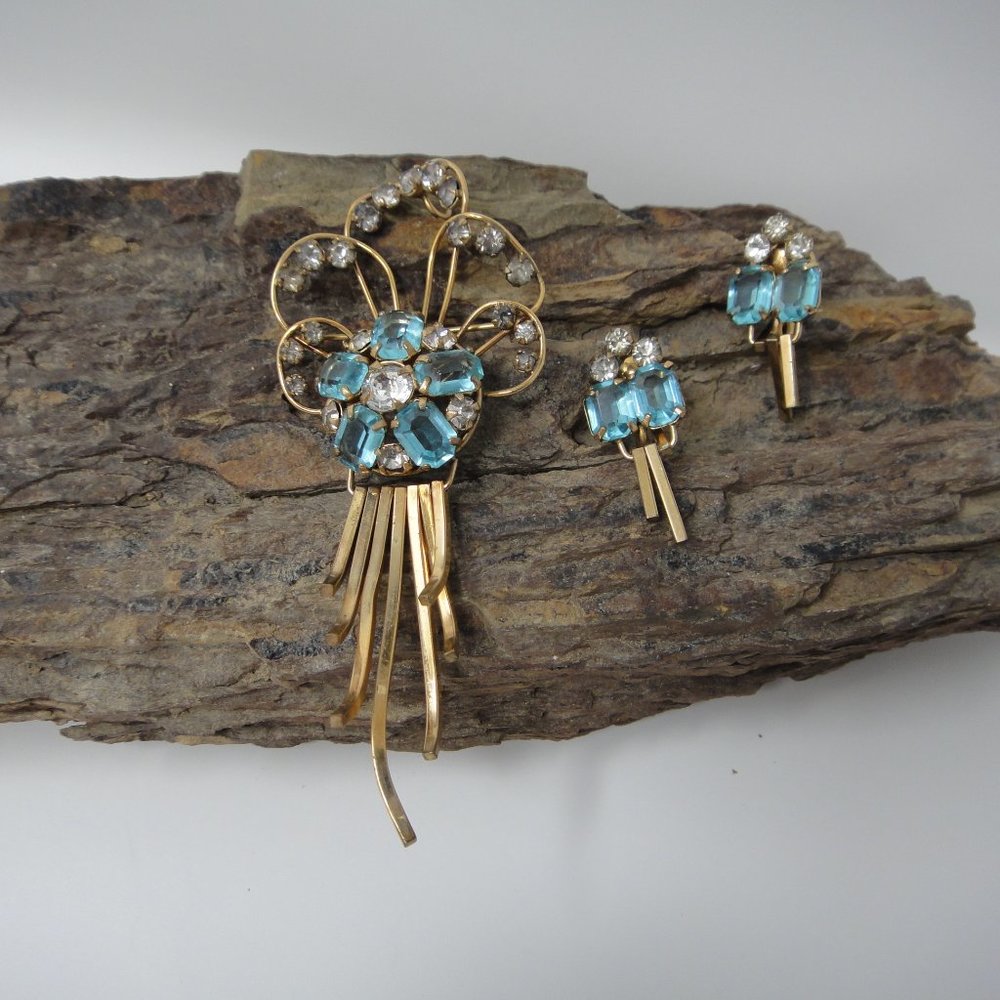 Vtg 12K GF Aqua Rhinestone Pin Pendant Earring M&S - Picture 10 of 10